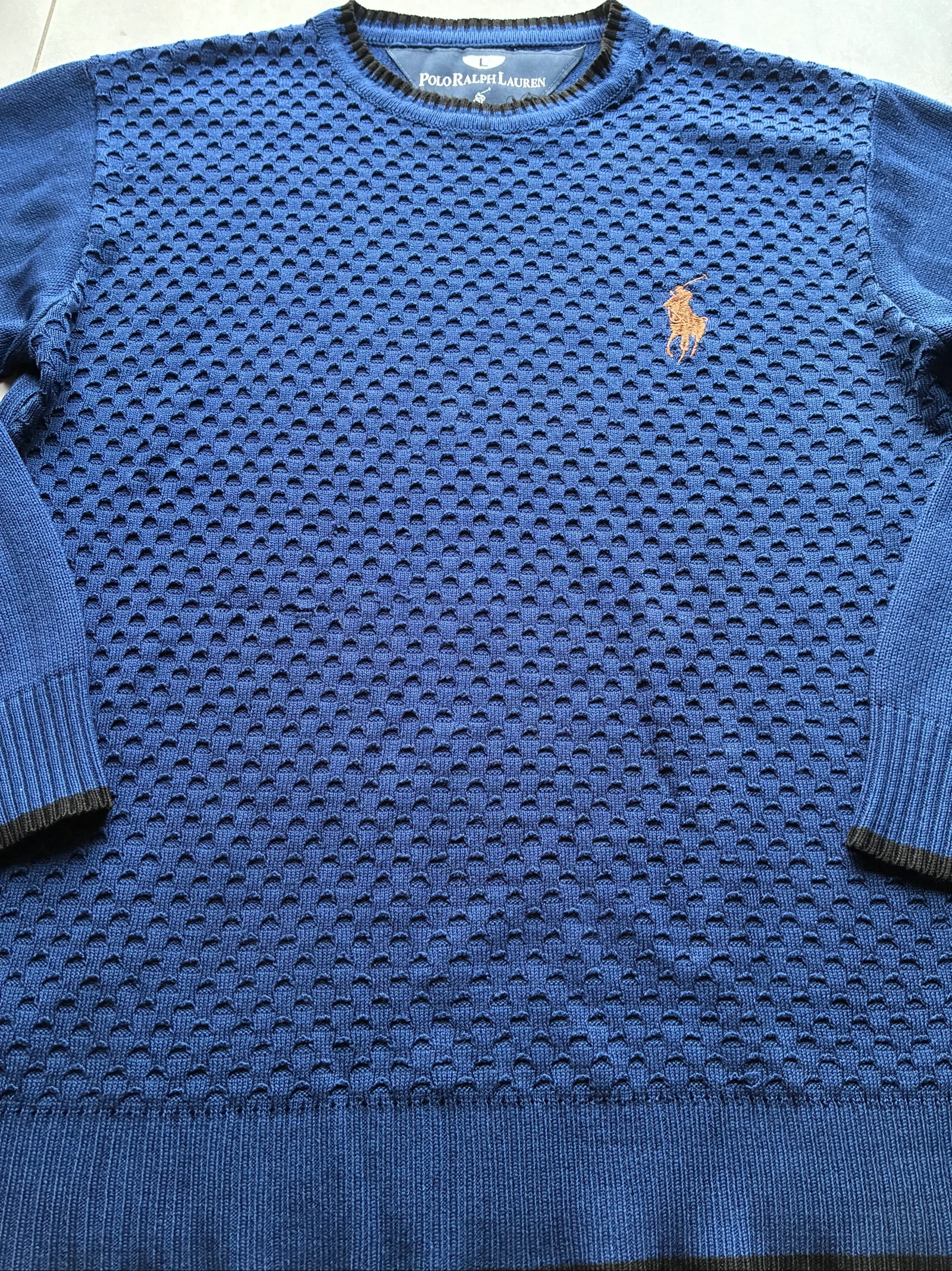Polo Ralph Lauren Suéter Azul Gola Redonda Texturizado Vintage Y2K Logo Bordado Marrom Remendo nos Cotovelos – photo 6